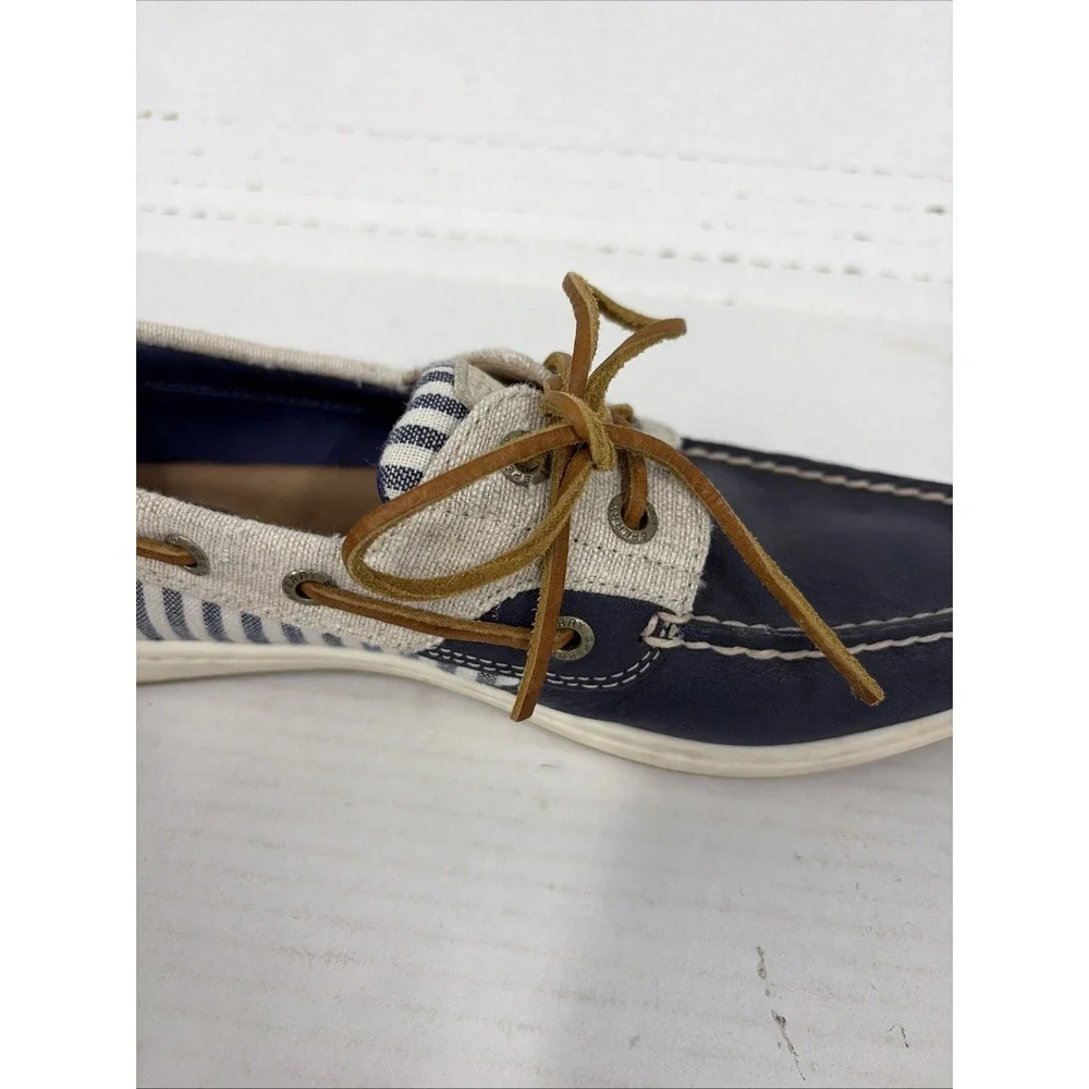 Sperry Top-Sider Women's 8M Boat Shoes Navy Cream Striped Leather Canvas T14